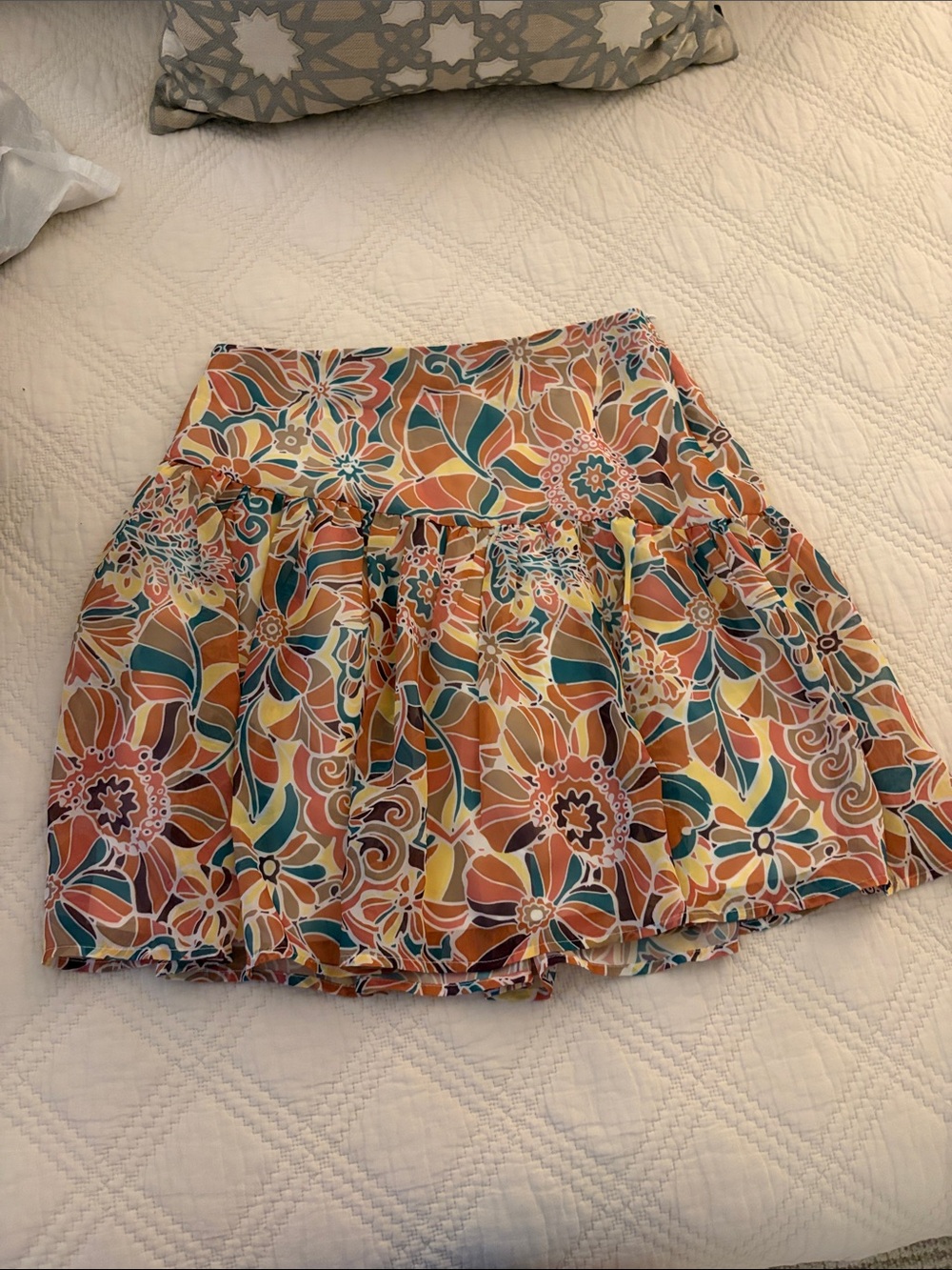 Molly Bracken Floral Ruffled Mini Skirt in Orange, Teal & Cream